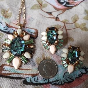 Landry Brand Abalone Necklace Peridot Baguette Rhinestone and Earrings Set NEW